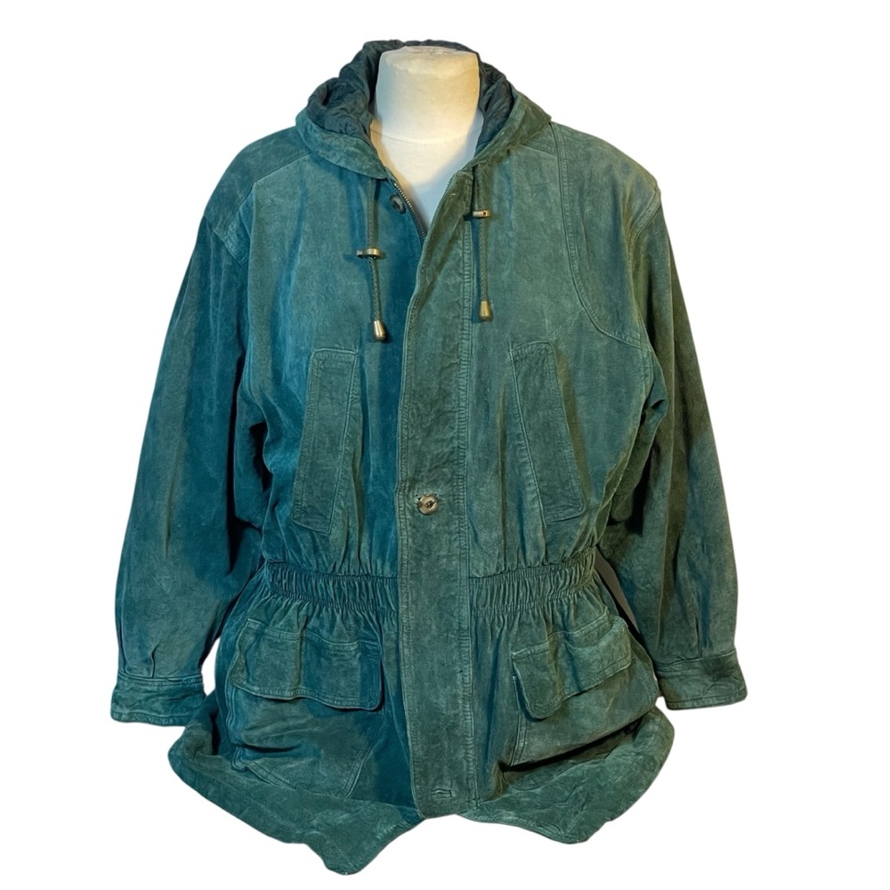 Vintage Express Avenue De L’Opera Green Suede Hooded Anorak Zip Coat Sz M Women